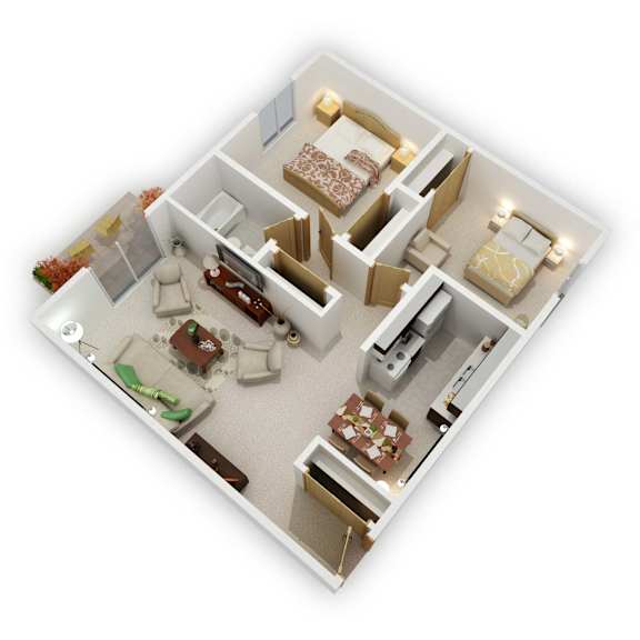 Mountain View Apartments - Two Bedroom Floor Plan (3D)