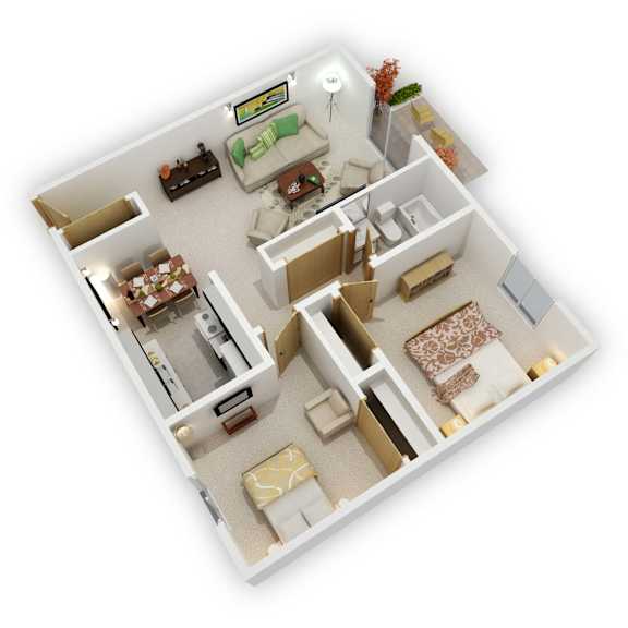 Mountain View Apartments - Two Bedroom Floor Plan (3D)