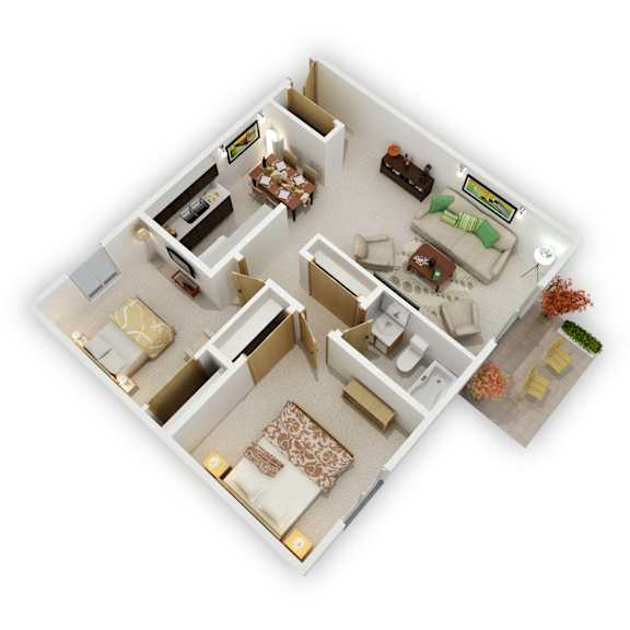 Mountain View Apartments - Two Bedroom Floor Plan (3D)