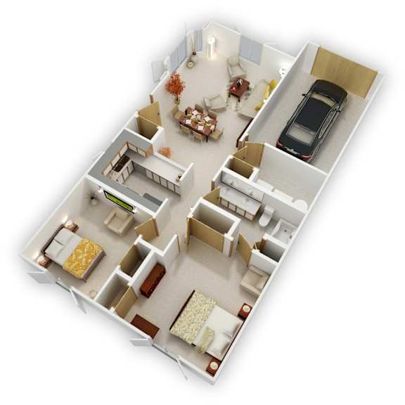 Birch Lake Townhomes - Forestwood Two Bedroom Floor Plan (3D)