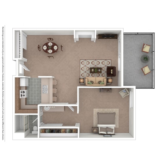 One-Bedroom B2 Floor Plan at Village Pointe Apartments, Northridge, CA, 91325