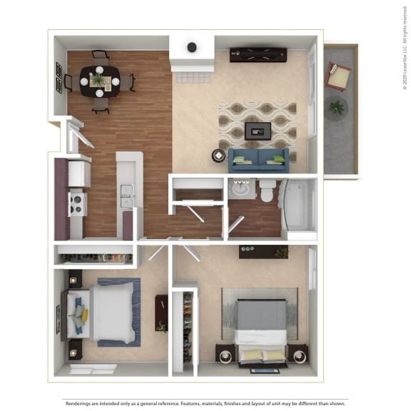 2 Bed 1 Bath Floor Plan at Northview-Southview Apartment Homes, Reseda, 91335