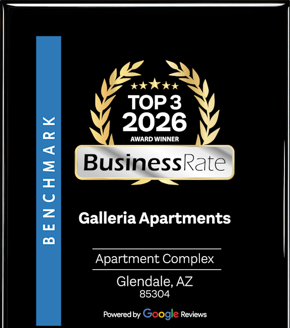 A black and gold award for Galleria Apartments in Glendale, AZ.