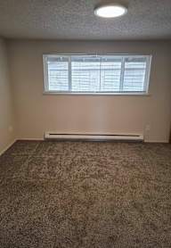 A room with a carpeted floor and a window with blinds.