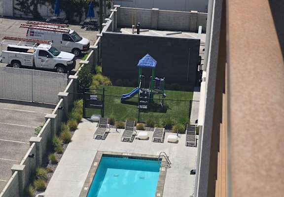 A view of a pool from a high angle.