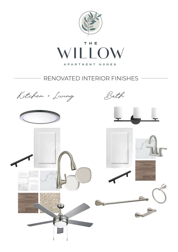 a collage of bathroom fixtures and accessories from the willow apartment home brochure