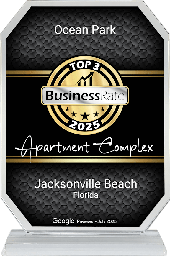 A black and gold award badge for Ocean Park Apartment Complex in Jacksonville Beach, Florida.