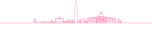 A purple silhouette of a city skyline with a prominent building in the center.