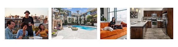 Four images side by side in a collage: friends having dinner on a rooftop, Fusion Encore Hollywood pool, a woman sitting on an orange couch with a white dog, and Fusion Encore kitchen.