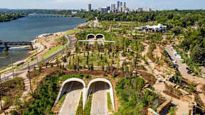 A bridge over a river with a city skyline in the background.