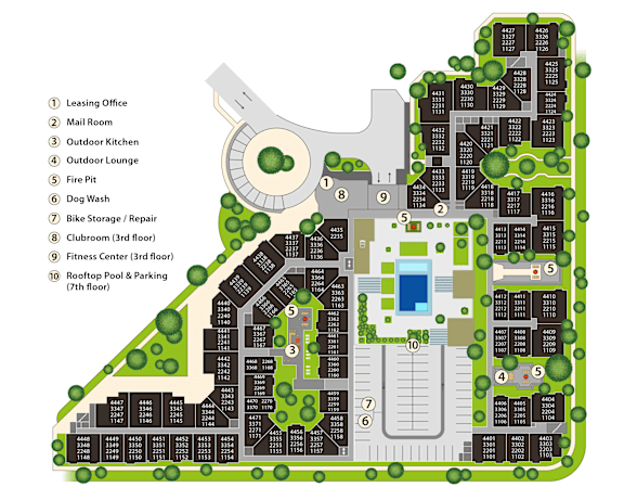 A map of a building with a leasing office, mail room, outdoor kitchen, and fitness center.