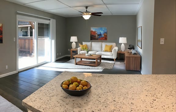 A bowl of oranges sits on a counter in a well-lit room.