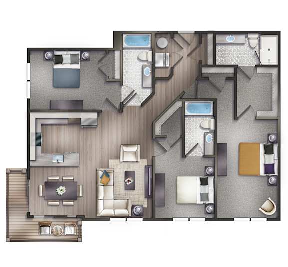 A floor plan for a 3 bedroom, 3 bathroom apartment at Crescent Chevy Chase.