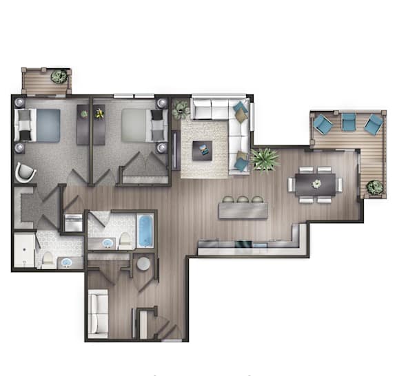 A floor plan for a 2 bedroom, 2 bathroom apartment at Crescent at Chevy Chase.