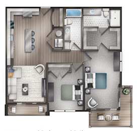 A floor plan for a 2 bedroom, 2 bathroom apartment at Crescent at Chevy Chase.