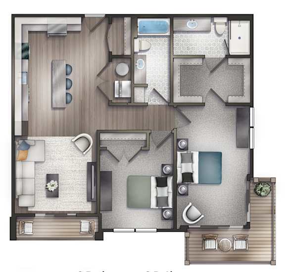 A floor plan for a 2 bedroom, 2 bathroom apartment at Crescent at Chevy Chase.