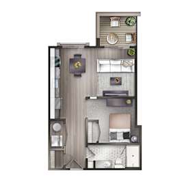 A floor plan of a 1 bedroom, 1 bathroom apartment at Crescent at Chevy Chase.