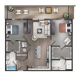 A floor plan for a 2 bedroom, 2 bathroom apartment at Crescent at Chevy Chase.