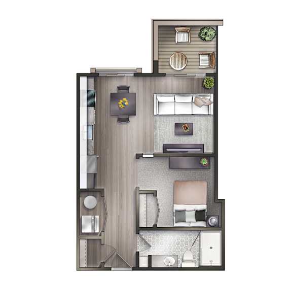 A floor plan of a 1 bedroom, 1 bathroom apartment at Crescent at Chevy Chase.
