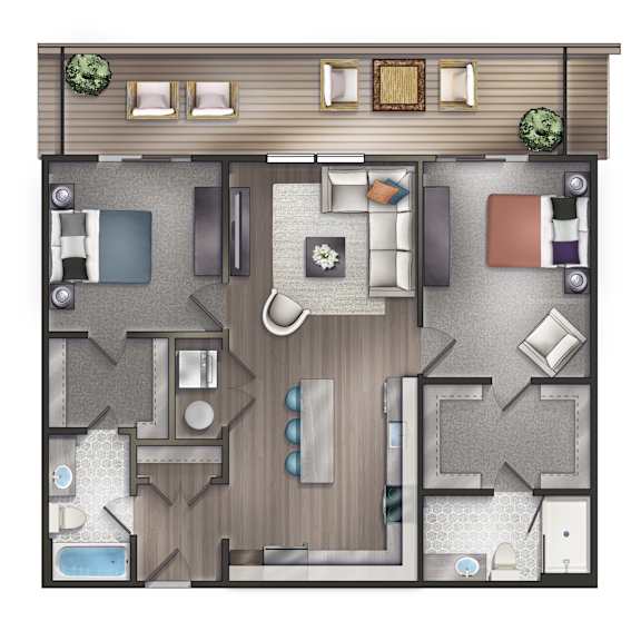 A floor plan for a 2 bedroom, 2 bathroom apartment at Crescent at Chevy Chase.