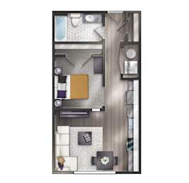 A floor plan of a one bedroom, one bathroom apartment.