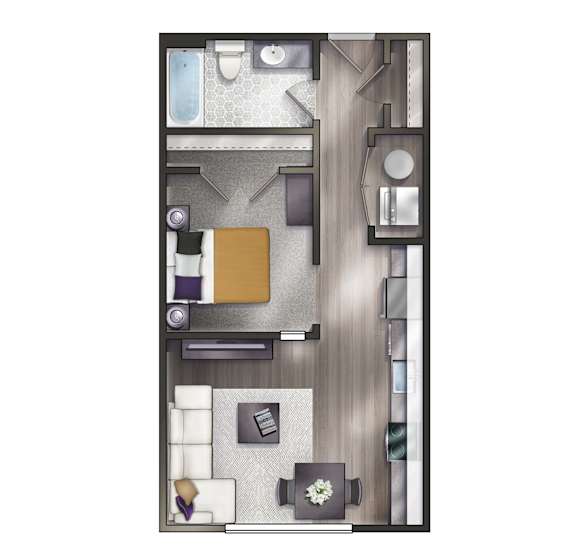 A floor plan of a one bedroom, one bathroom apartment.