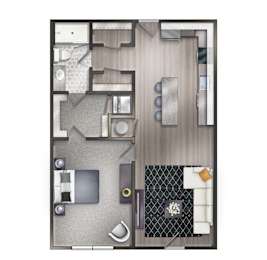 A floor plan of a one bedroom, one bathroom apartment.