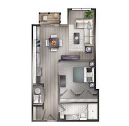 A drawing of a one bedroom apartment with a bathroom.