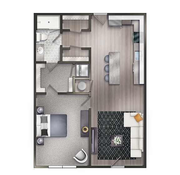 A floor plan of a one bedroom, one bathroom apartment.