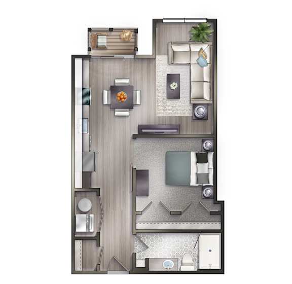 A drawing of a one bedroom apartment with a bathroom.