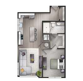 A floor plan for a 1 bedroom and 1 bathroom apartment.