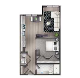 A floor plan for a 1 bedroom, 1 bathroom apartment.