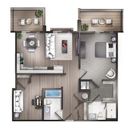 A floor plan of a one bedroom apartment with two bathrooms.