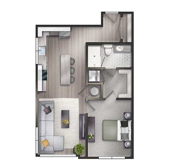 A floor plan for a 1 bedroom and 1 bathroom apartment.