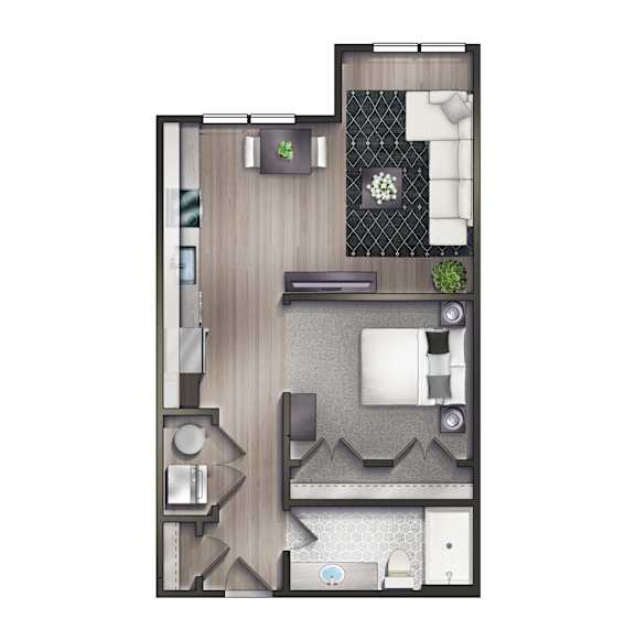 A floor plan for a 1 bedroom, 1 bathroom apartment.