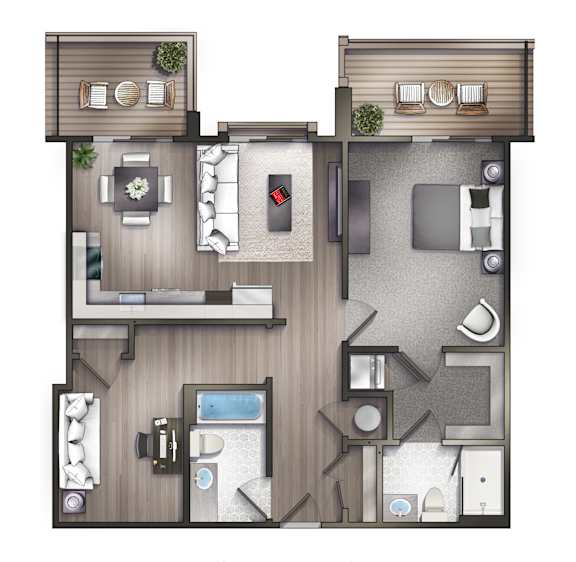 A floor plan of a one bedroom apartment with two bathrooms.