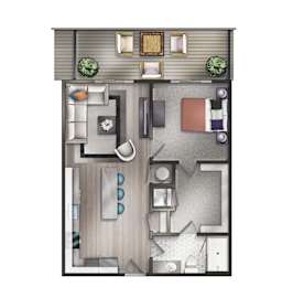 A floor plan of a one bedroom, one bathroom apartment.