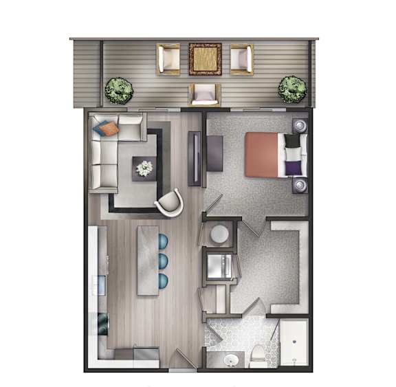 A floor plan of a one bedroom, one bathroom apartment.