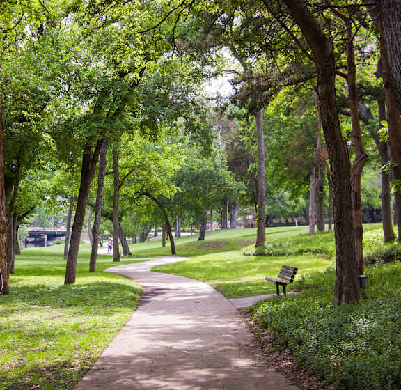 a path through a park with trees and a bench at The Broadwater at Salado Creek, San Antonio, Texas