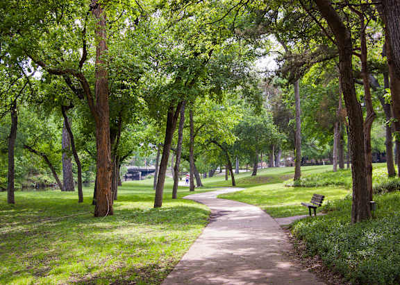 a path through a park with trees and a bench at Rock 35, Texas, 78681
