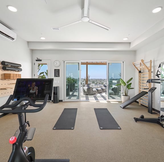 two treadmills and yoga mats in a gym with a view of a balcony