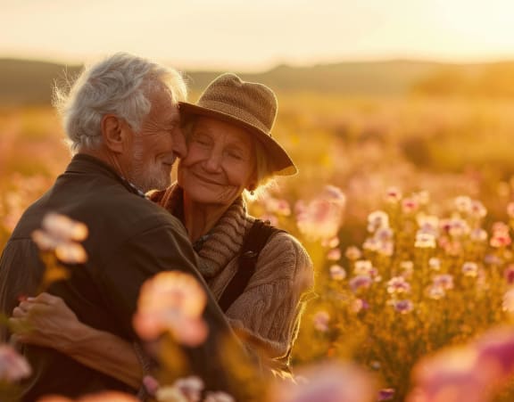 an older couple embracing in a field of flowers