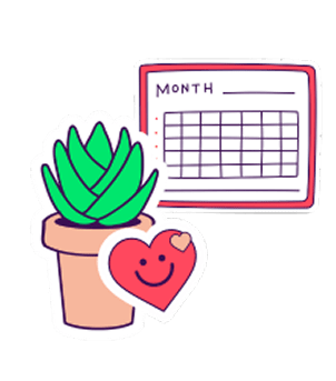 A calendar with a grid for the month and a potted plant with a heart-shaped sticker.