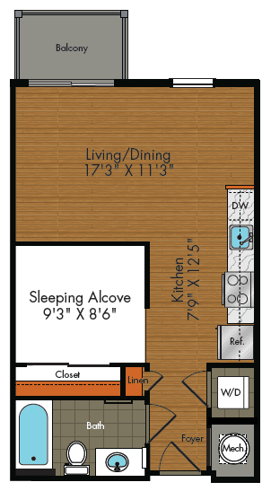 Studio 1 bath floor plan at The Citron Apartments, Silver Spring, Maryland