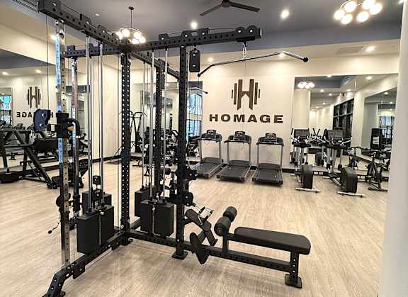 A gym with a variety of equipment including a squat rack, bench, and weights.