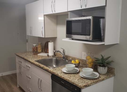 A modern kitchen with a microwave oven built into the cabinetry.