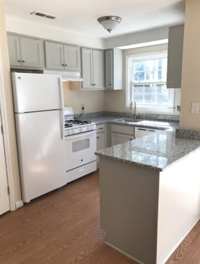 Partially renovated kitchen with upgraded cabinetry and granite countertops