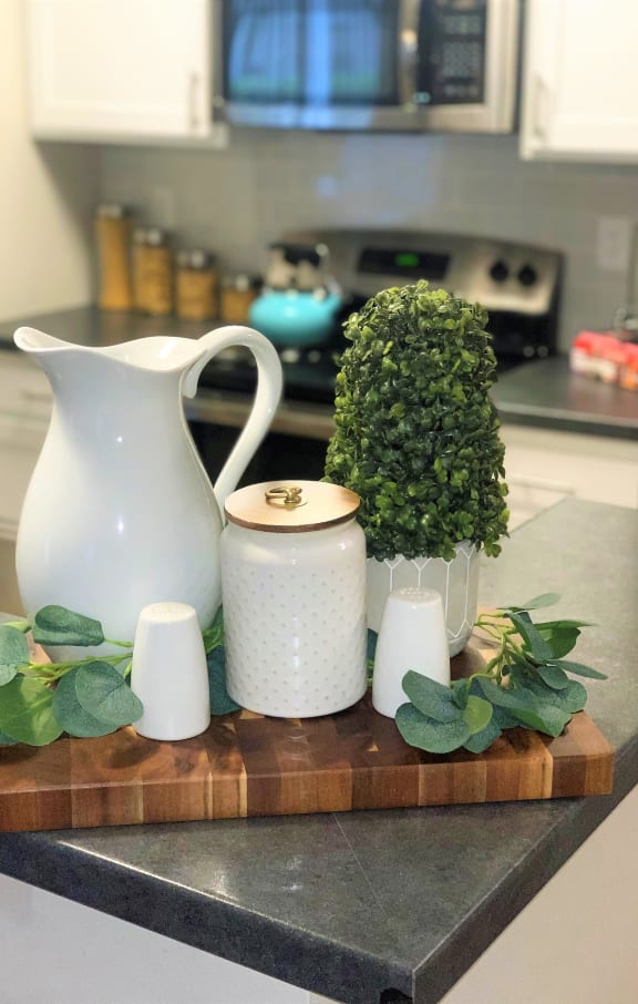 A white pitcher sits on a cutting board with a green plant and two white vases. at Magnolia Terrace Apartments, Charlotte, NC, 28213