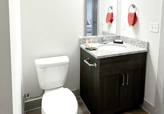 A white toilet sits next to a bathroom sink.