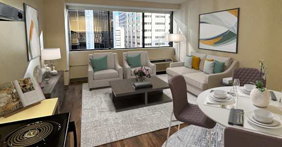 a rendering of a living room and dining room in an apartment